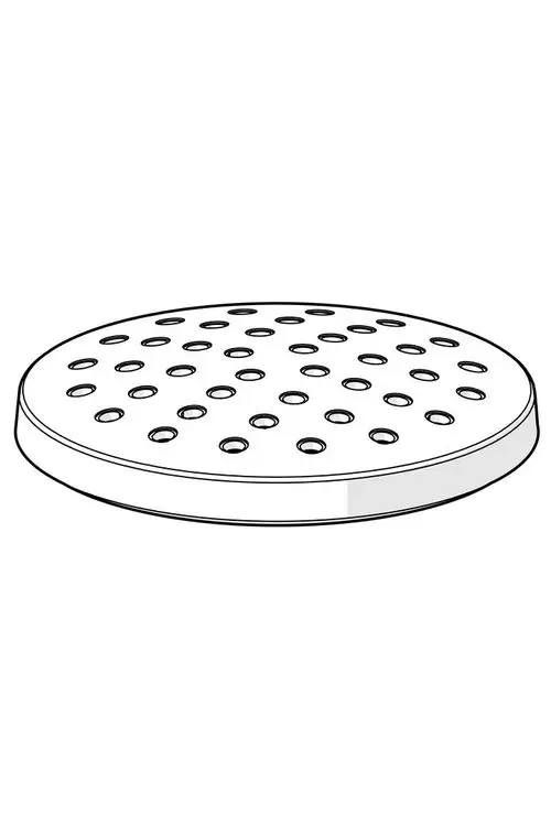 runde Platte mit zahlreichen Löchern, die für eine Handbrause von HANSA verwendet werden kann. Sie ist flach und hat einen durchgehenden Rand.
